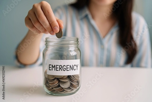 Fototapeta Woman adds coin to emergency fund jar, reinforcing financial security and peace amidst rising inflation, showing simple budget planning