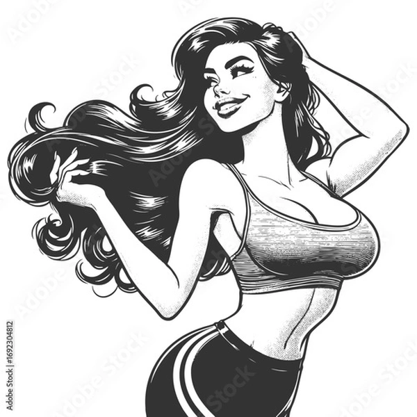 Fototapeta fit retro-style woman in workout clothes, posing confidently with hands in her hair sketch engraving generative ai fictional character vector illustration. Scratch board imitation. Black and white.