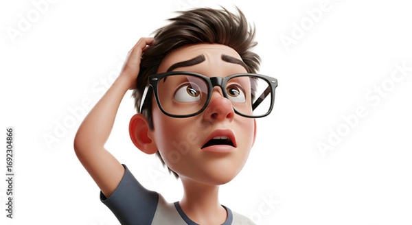 Fototapeta Cartoon boy scratching head, confused expression, 3D render.