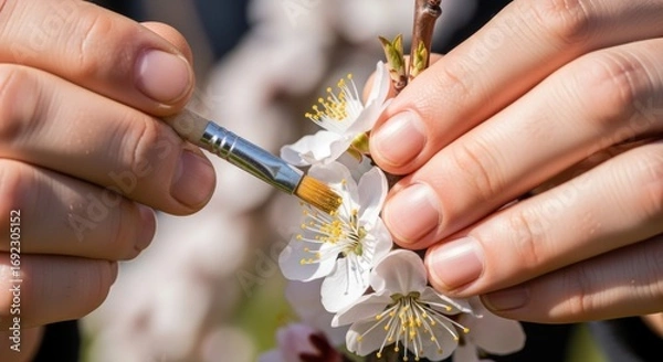 Fototapeta Closeup medium shot of hands using a fine brush for manual pollination on blooming orchard flowers highlighting precise human intervention in agriculture.