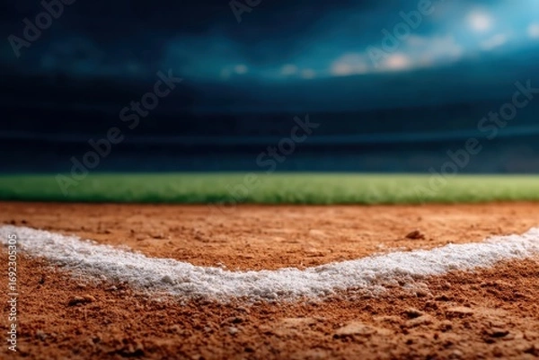 Obraz Baseball stadium strategy concept. Baseball field view from the ground with a dramatic sky backdrop.