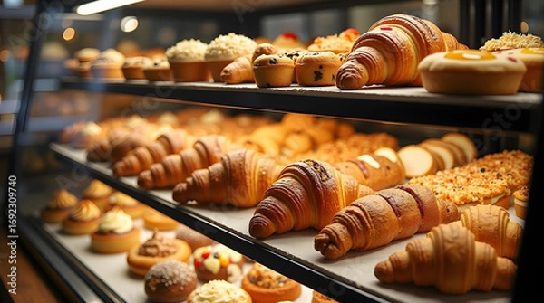 Fototapeta A diverse selection of pastries and croissants beautifully displayed in a bakery case, showcasing tempting treats.