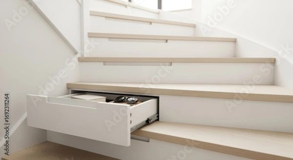 Fototapeta Minimalist white staircase featuring pushtoopen hidden drawers creating a streamlined look while offering concealed storage for everyday items.