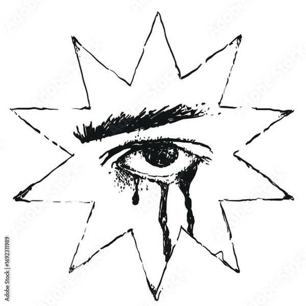 Obraz Black and white crying eye in star symbol bleeding tears gothic surreal dark illustration