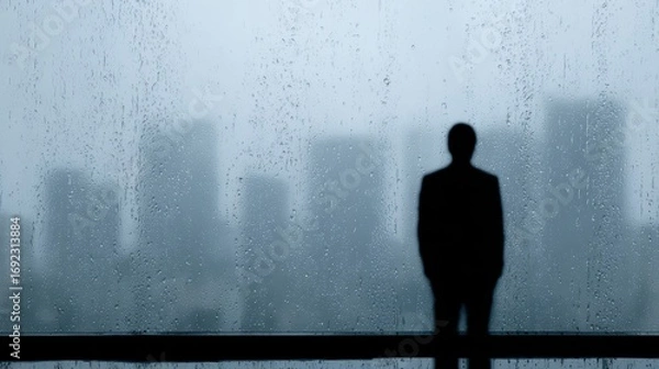 Fototapeta Silhouette of a man looking out a window in the rain