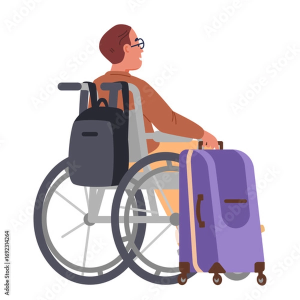 Fototapeta Man with disability in wheelchair going on a trip with backpack and suitcase flat vector illustration isolated on white.