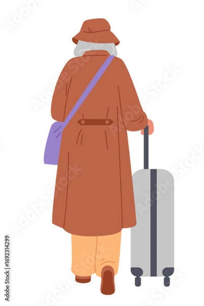 Fototapeta Senior woman in a coat and a hat walking with a suitcase view from the back flat vector illustration isolated on white.