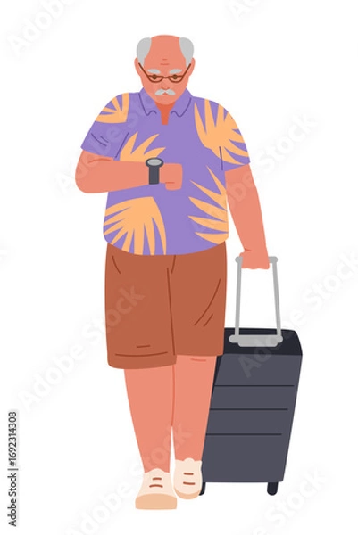 Fototapeta Senior man walking with a suitcase looking at his watch flat vector illustration isolated on white.