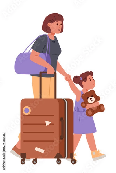 Fototapeta Mother with little daughter walking with a suitcase flat vector illustration isolated on white.