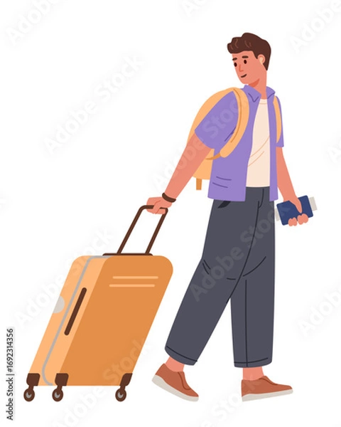 Fototapeta Young man with backpack walking and pulling a suitcase holding passport in one hand flat vector illustration isolated on white.