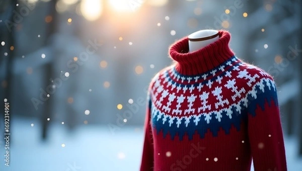 Fototapeta A knitted winter sweater appears in sharp focus against a soft, out-of-focus winter background
