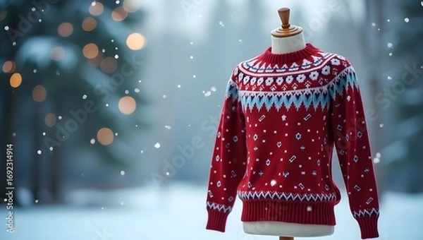 Fototapeta A knitted winter sweater appears in sharp focus against a soft, out-of-focus winter background