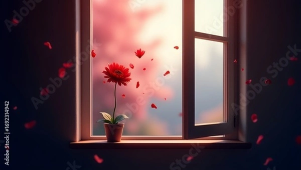 Fototapeta A single wilting flower with vibrant red petals drifting away through an open window frame, set against a dark black and pink mixed gradient bokeh background