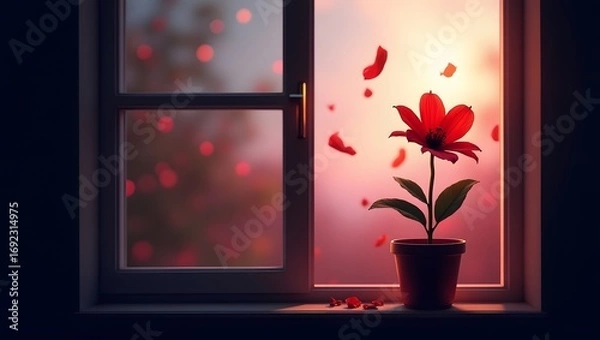Fototapeta A single wilting flower with vibrant red petals drifting away through an open window frame, set against a dark black and pink mixed gradient bokeh background