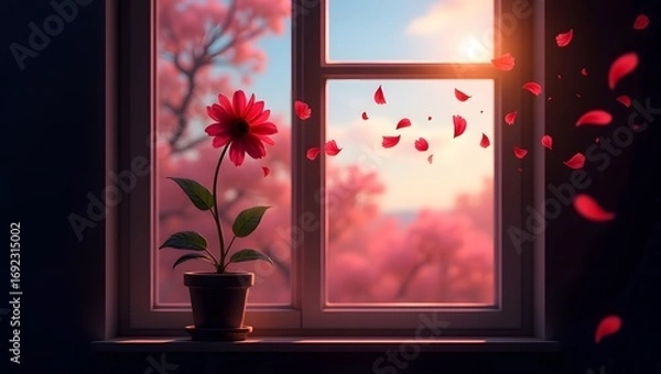 Fototapeta A single wilting flower with vibrant red petals drifting away through an open window frame, set against a dark black and pink mixed gradient bokeh background