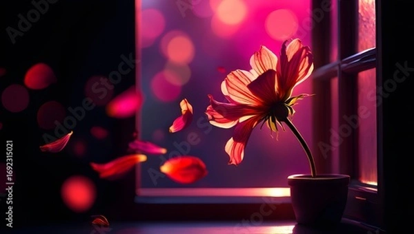 Fototapeta A single wilting flower with vibrant red petals drifting away through an open window frame, set against a dark black and pink mixed gradient bokeh background