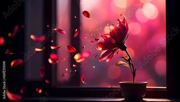 Fototapeta A single wilting flower with vibrant red petals drifting away through an open window frame, set against a dark black and pink mixed gradient bokeh background