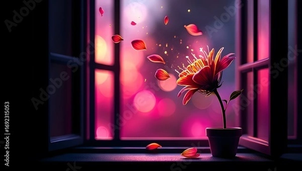 Fototapeta A single wilting flower with vibrant red petals drifting away through an open window frame, set against a dark black and pink mixed gradient bokeh background