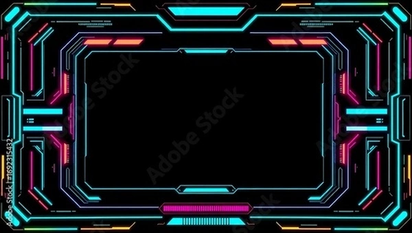 Fototapeta Cyberpunk HUD border, pixel art UI frame, digital glitch accents, vector frame with blank content area