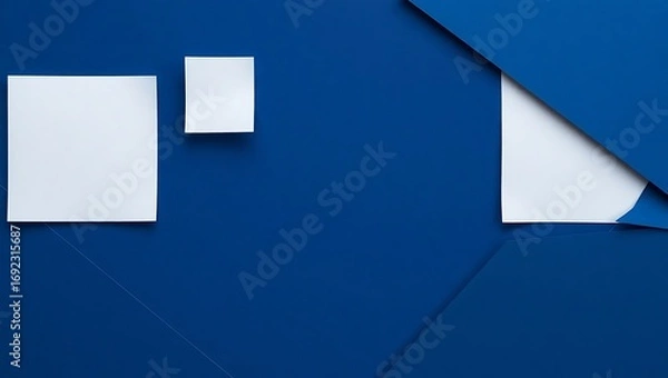 Fototapeta Dark blue gradient paper-cut layout with geometric square overlays and textured diagonal navy lines, for modern marketing visuals