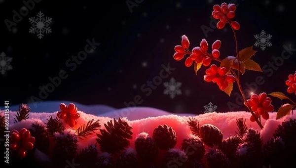 Fototapeta Dark Christmas scene border, glowing red holly berries, white snowflakes twinkling, pinecones in shadow, clear center-left
