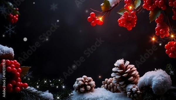 Fototapeta Dark Christmas scene border, glowing red holly berries, white snowflakes twinkling, pinecones in shadow, clear center-left