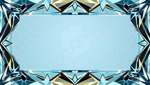 Fototapeta Crystalline geometric frame in cool tones, sharp symmetrical borders, center space open, vector clean design