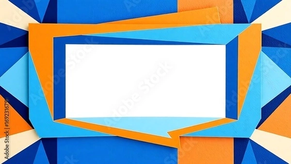 Fototapeta Cubist-inspired edges, angular abstract patterns in blue and orange, symmetric frame, center untouched