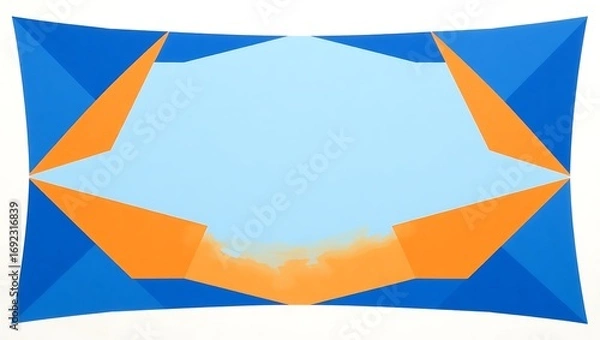 Fototapeta Cubist-inspired edges, angular abstract patterns in blue and orange, symmetric frame, center untouched
