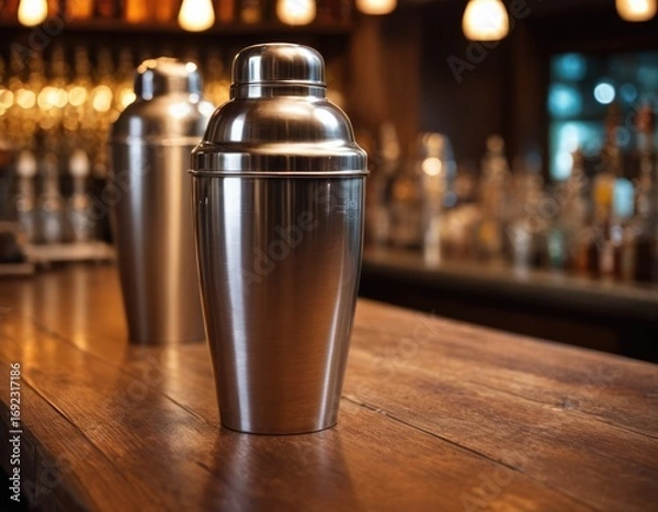 Fototapeta bar shaker tin stands on the bar counter