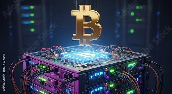 Fototapeta Bitcoin Mining Rig - Digital Currency and Blockchain Technology.