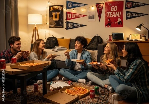 Fototapeta Friends enjoying pizza in a cozy dorm room setting.
