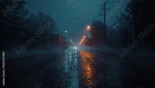 Fototapeta time lapse of cars moving in the city, night rain winter, using generative ai