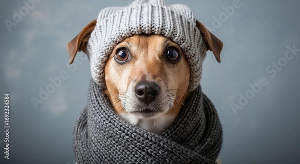 Fototapeta 【冬支度は完璧】ニット帽とマフラーでおしゃれした可愛い犬のポートレート