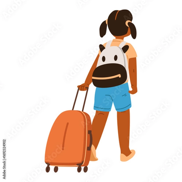 Fototapeta African American little girl with backpack pulling suitcase view from the back flat vector illustration isolated on white.