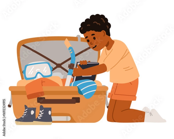 Fototapeta Cute happy African American boy sitting on knees and packing suitcase putting a book inside flat vector illustration isolated on white.