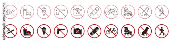 Fototapeta No Entry Prohibition Signs Icon Set. Smoking, Food, Photography, Weapons, Skateboarding, Cycling and Rollerblading Restriction Symbols. Public Space Rules. Isolated Vector Illustration
