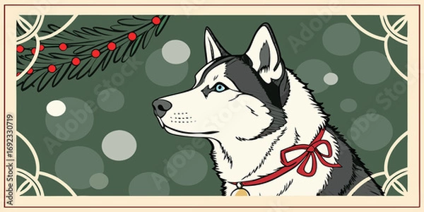 Obraz Christmas Siberian Husky with Bell Bow