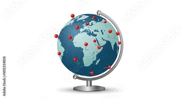 Fototapeta Global business expansion and travel planning visualized with a world map globe marked by red pins