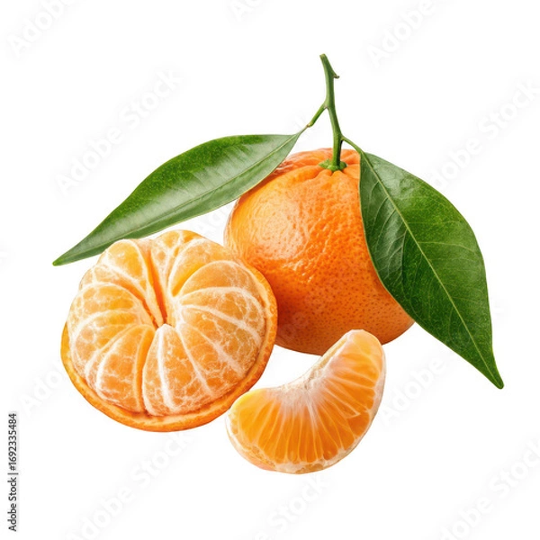 Fototapeta Fresh ripe mandarin orange fruit with leaves and segments isolated on transparent background