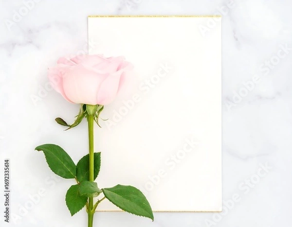 Fototapeta Pink rose and blank card on marble