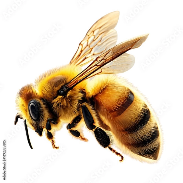 Fototapeta A macro close-up of a bumblebee with yellow and black stripes flying isolated on a white background.