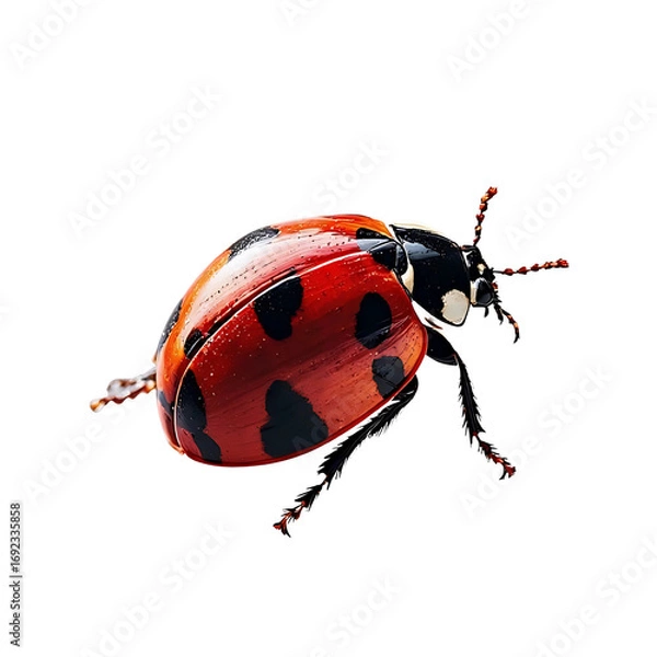 Fototapeta A tiny red ladybug, a small shiny insect, is isolated on a white background.