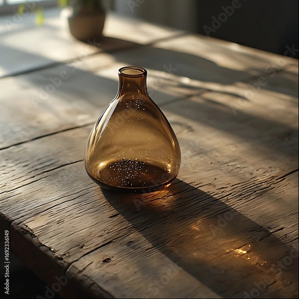 Fototapeta An old-fashioned glass jar of a brown beverage sits on a rustic wooden table in a vintage cafe.