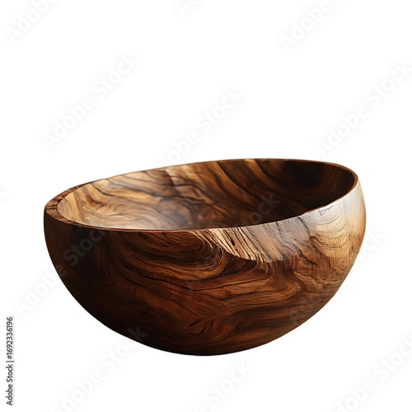 Fototapeta Closeup of an old empty brown wooden bowl on a white background, isolated and ready for food.