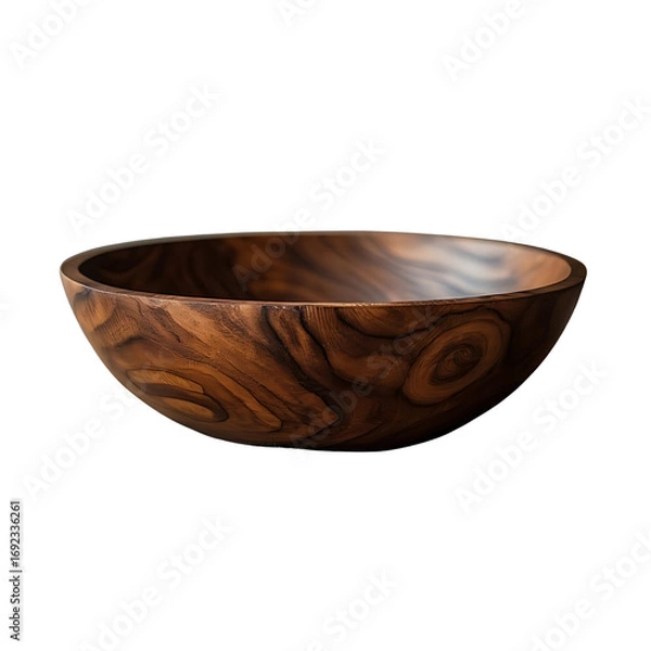 Fototapeta An empty wooden bowl, a vintage object isolated on a white background, is a simple kitchen utensil.