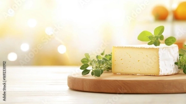 Fototapeta Creamy cheese on a wooden board with herbs in a softly lit kitchen