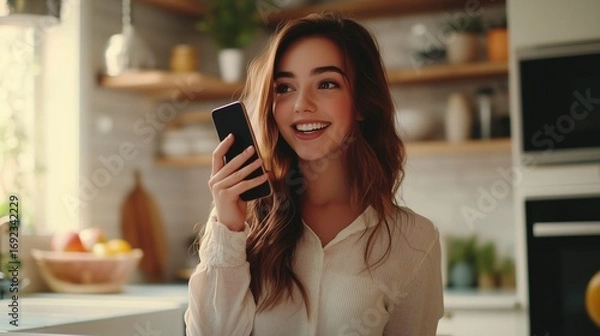 Fototapeta Woman smiling while holding cell phone. Woman talking on phone in kitchen. A field of cheerfully shallow atmosphere with a shady field. A woman grinning as she holds a lifestyle smartphone.