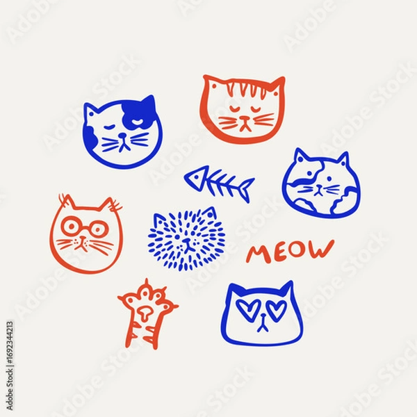 Fototapeta Hand-drawn illustration of cat faces with cute paw print and MEOW lettering, playful and adorable design.