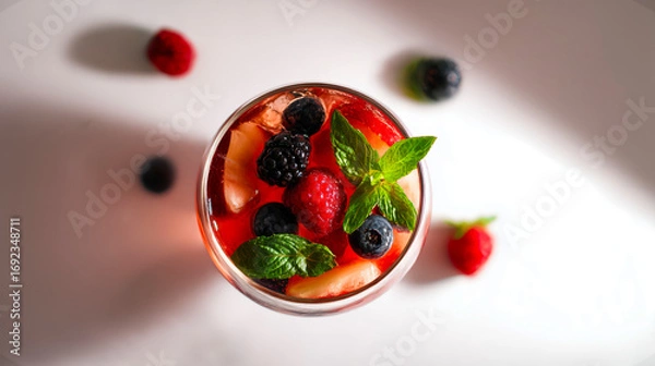Fototapeta Refreshing berry mocktail with ice and mint leaves in top view composition; berry drink features raspberry, blackberry and mint in vibrant summer vibe concept